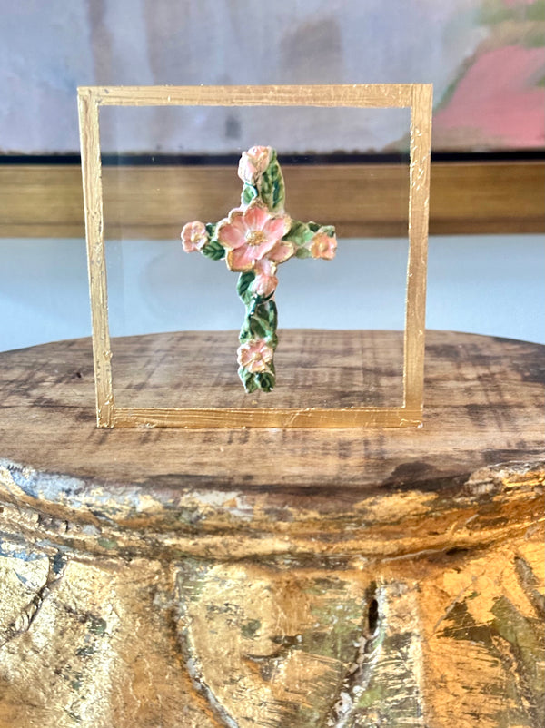 Flower Cross on Acrylic Block- Peach